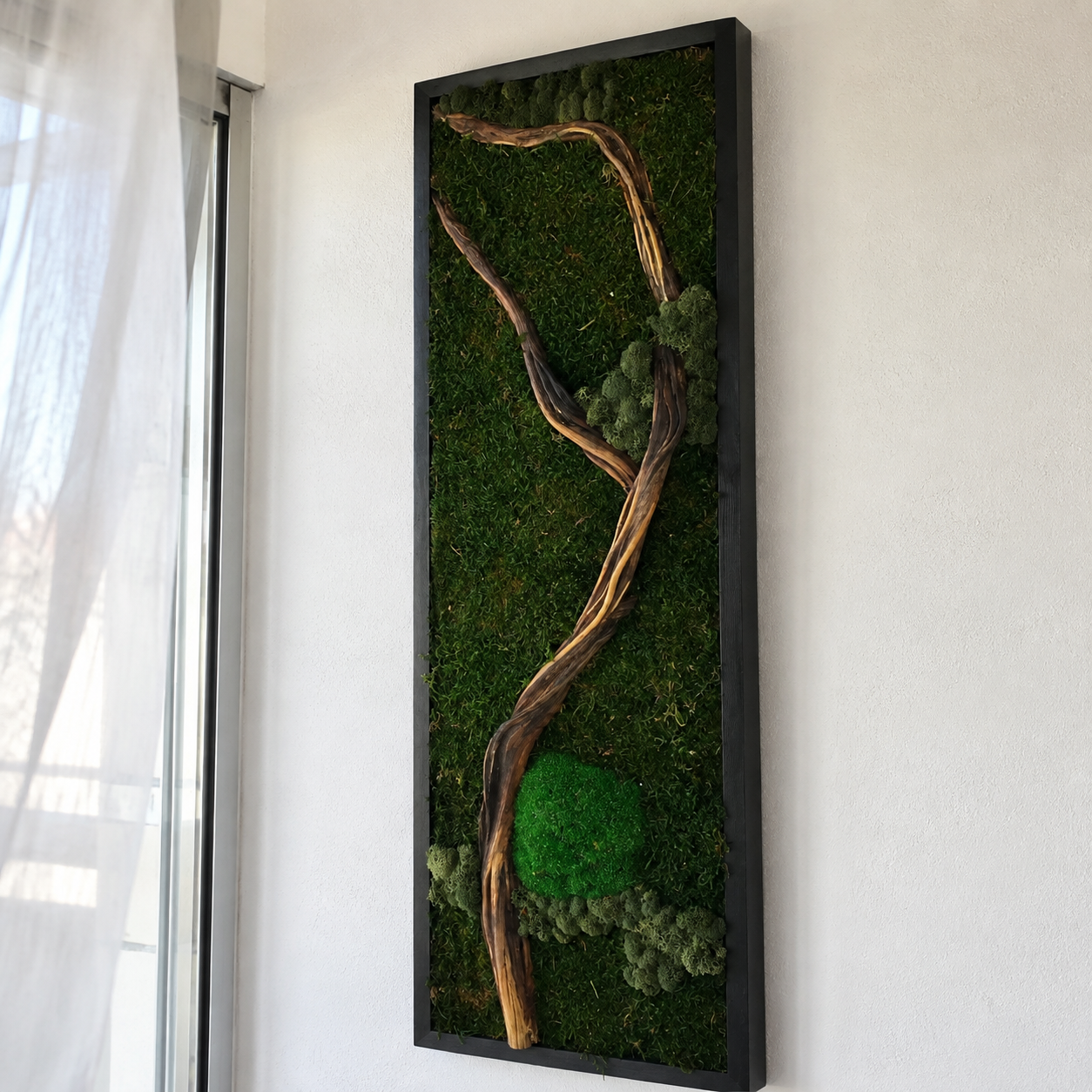 Driftwood Moss Wall Art Preserved Moss Panel with Sculptural Branch in a Black Frame Botanical Wall Decor