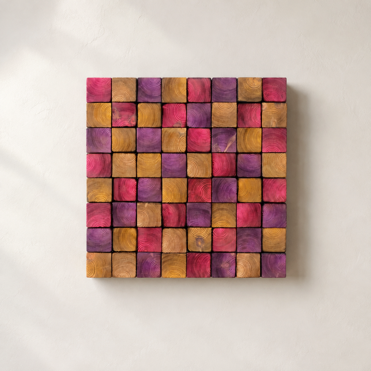 Square Wood Wall Art Handmade Block Mosaic in Pink, Purple & Amber Colourful Modern Wall Decor
