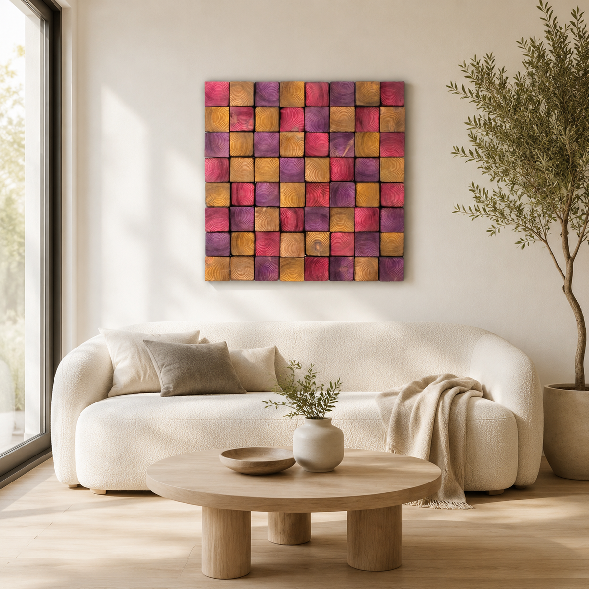 Square Wood Wall Art Handmade Block Mosaic in Pink, Purple & Amber Colourful Modern Wall Decor