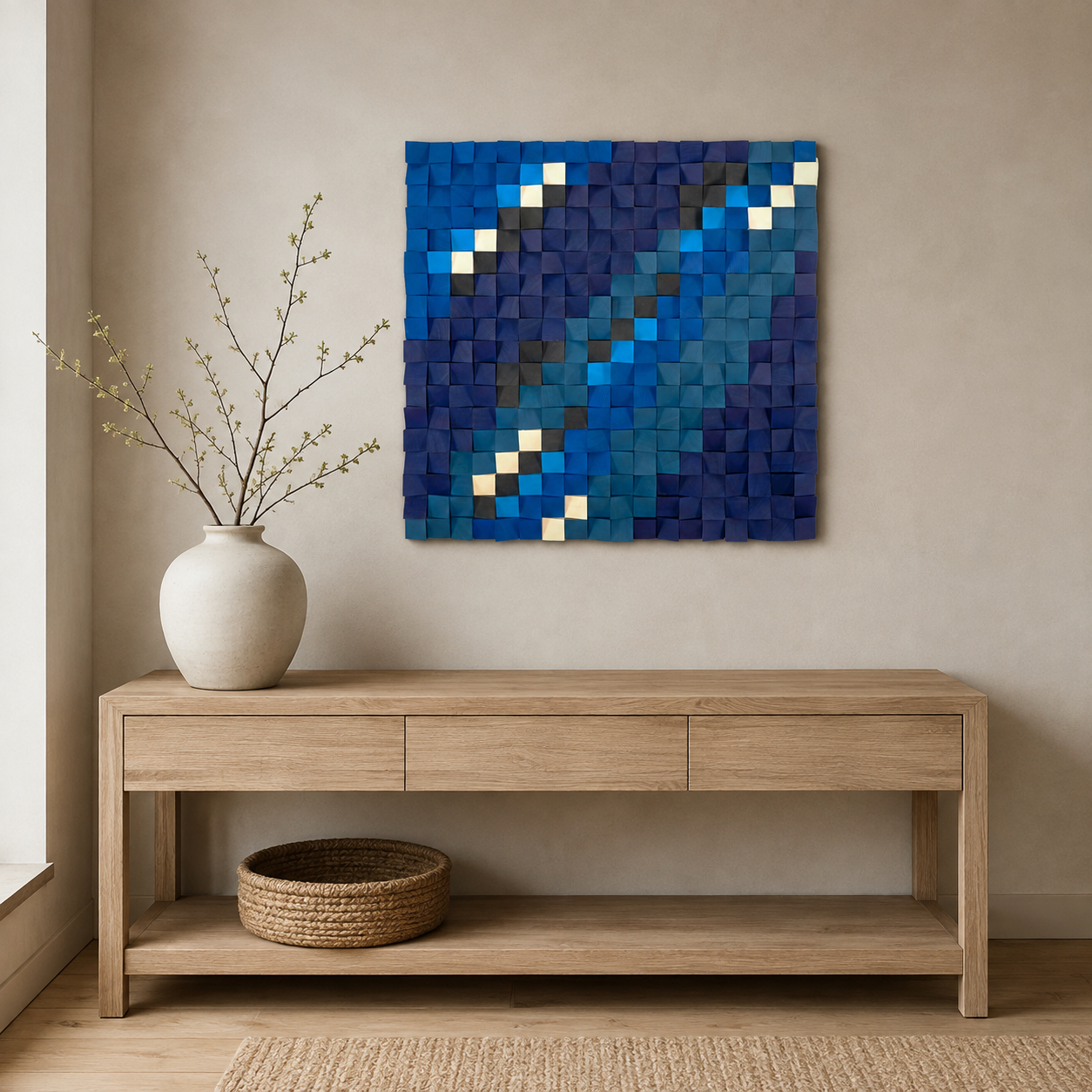 Blue Wood Mosaic Wall Art Handmade 3D Block Panel in Ocean Blue, Teal & Gold Abstract Modern Wall Decor