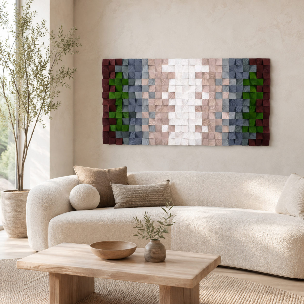 3D Wood Mosaic Wall Art Handmade 3D Block Panel in Blush, Sage & Burgundy Muted Modern Wall Decor