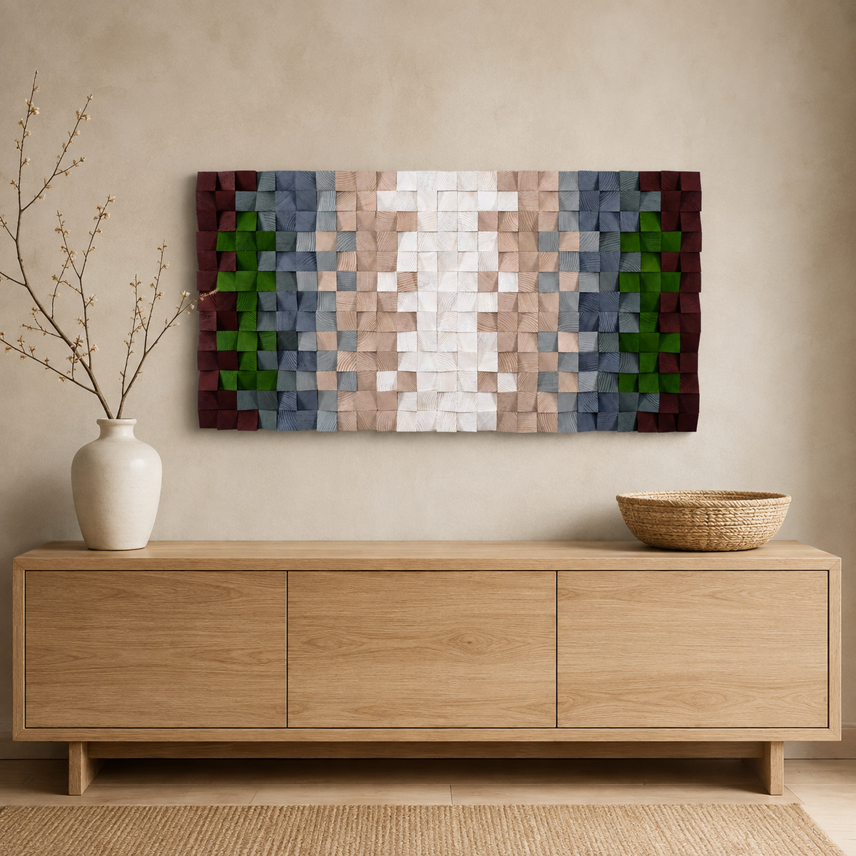 3D Wood Mosaic Wall Art Handmade 3D Block Panel in Blush, Sage & Burgundy Muted Modern Wall Decor