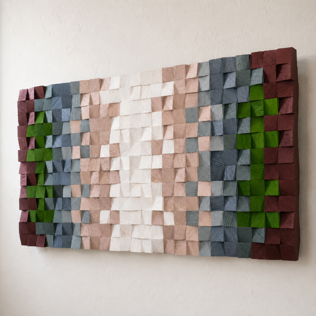 3D Wood Mosaic Wall Art Handmade 3D Block Panel in Blush, Sage & Burgundy Muted Modern Wall Decor