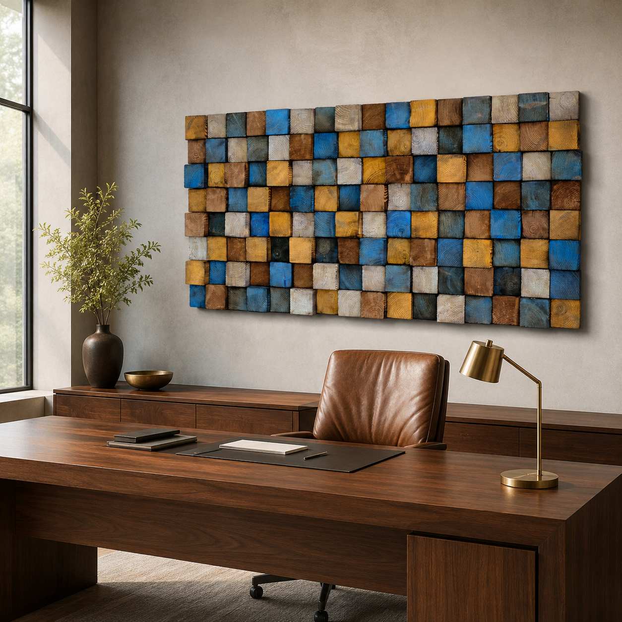 Rustic Wood Mosaic Wall Art Handmade Block Panel in Blue, Ochre & Weathered Brown Coastal Farmhouse Wall Decor