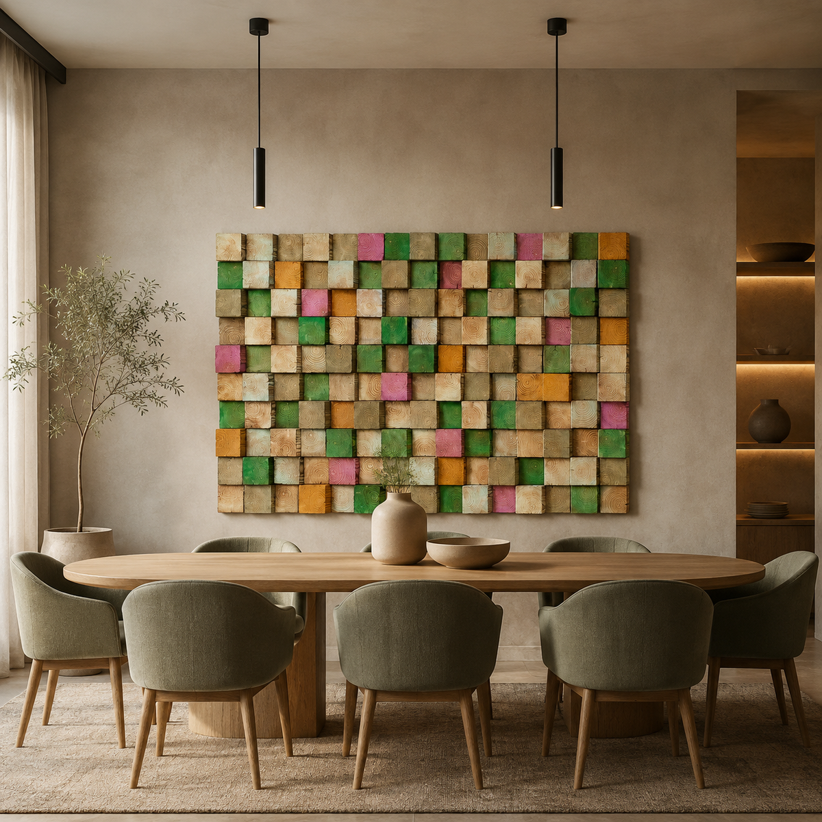 3D Wood Mosaic Wall Art | Handmade Monochrome Skyline Panel for Modern Interiors