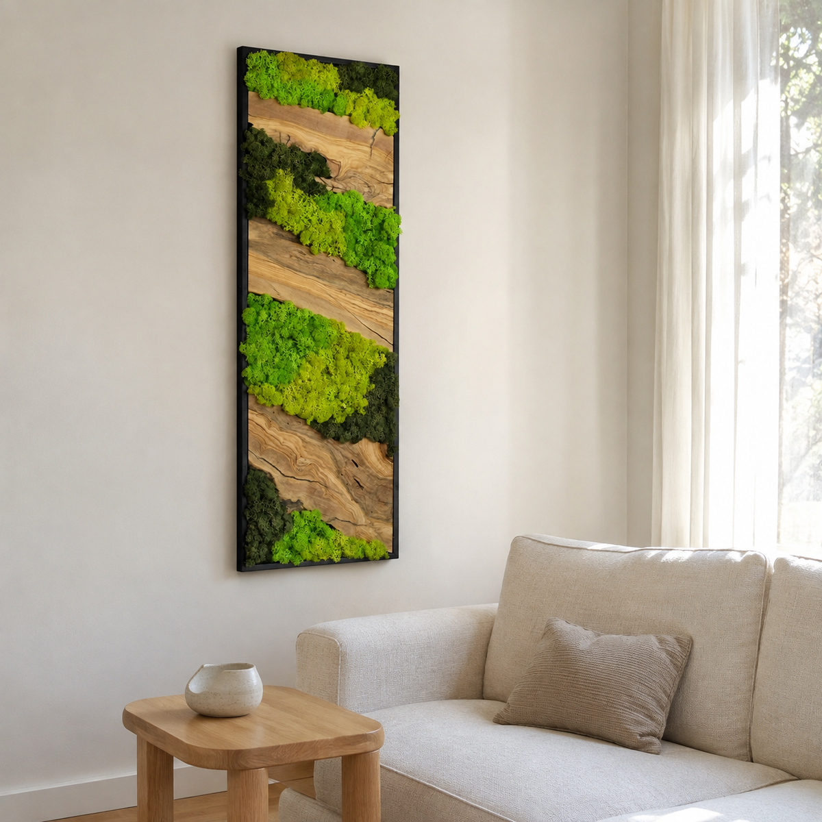 Vertical Moss Wall Art with Olive Wood Preserved Moss & Live Edge Panel in a Black Frame Biophilic Wall Decor