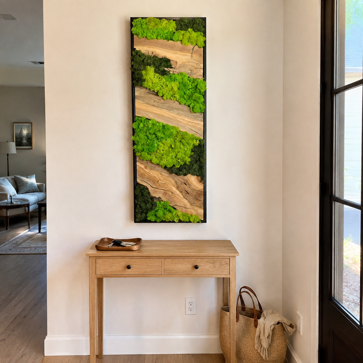 Vertical Moss Wall Art with Olive Wood Preserved Moss & Live Edge Panel in a Black Frame Biophilic Wall Decor