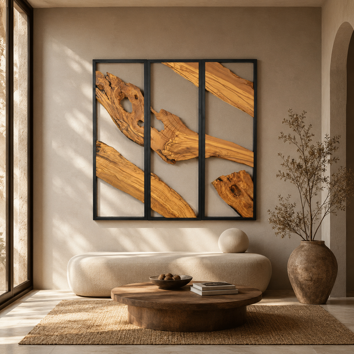 3 Panel Driftwood Wall Art β Natural Wood Triptych in Black Metal Frame