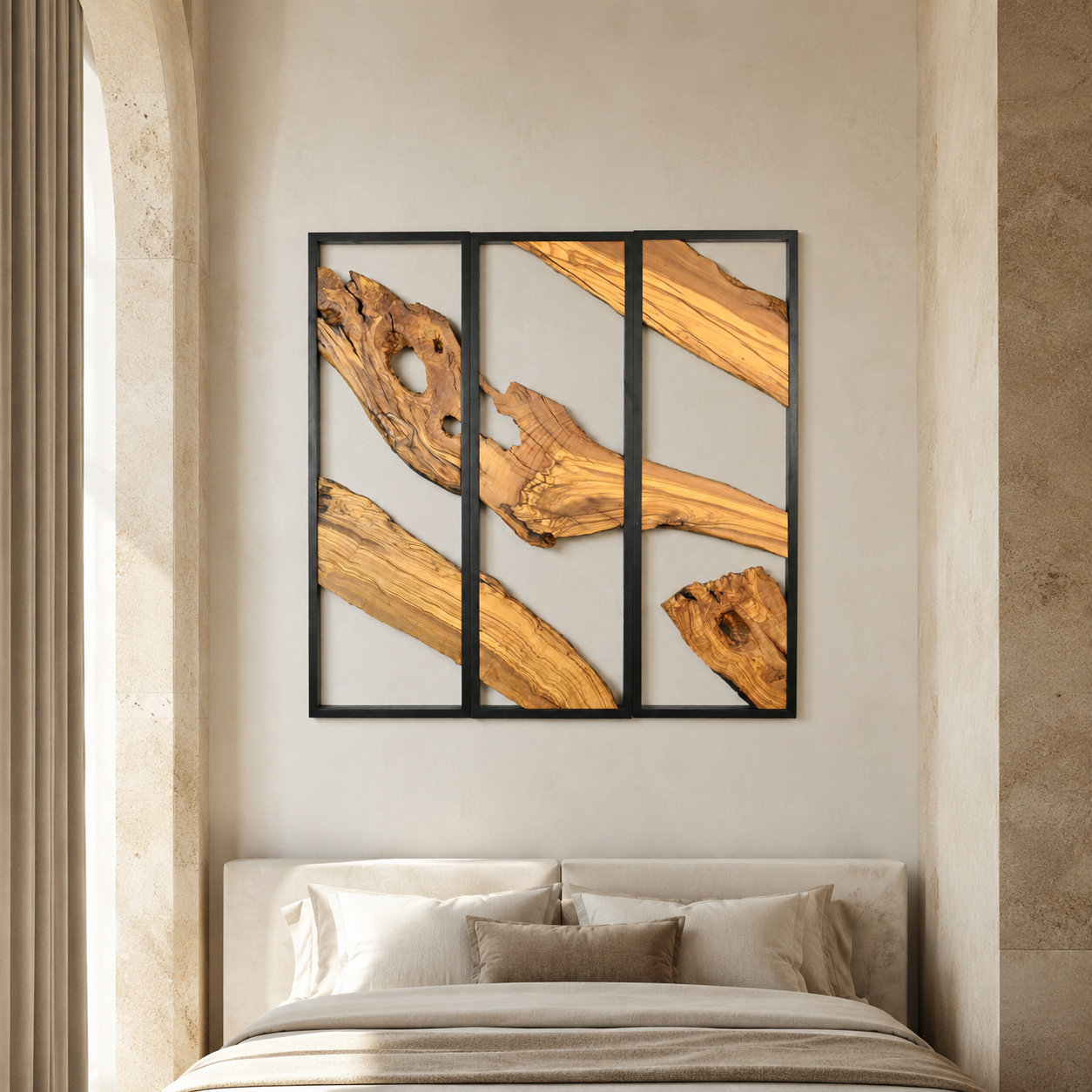 3 Panel Driftwood Wall Art β Natural Wood Triptych in Black Metal Frame