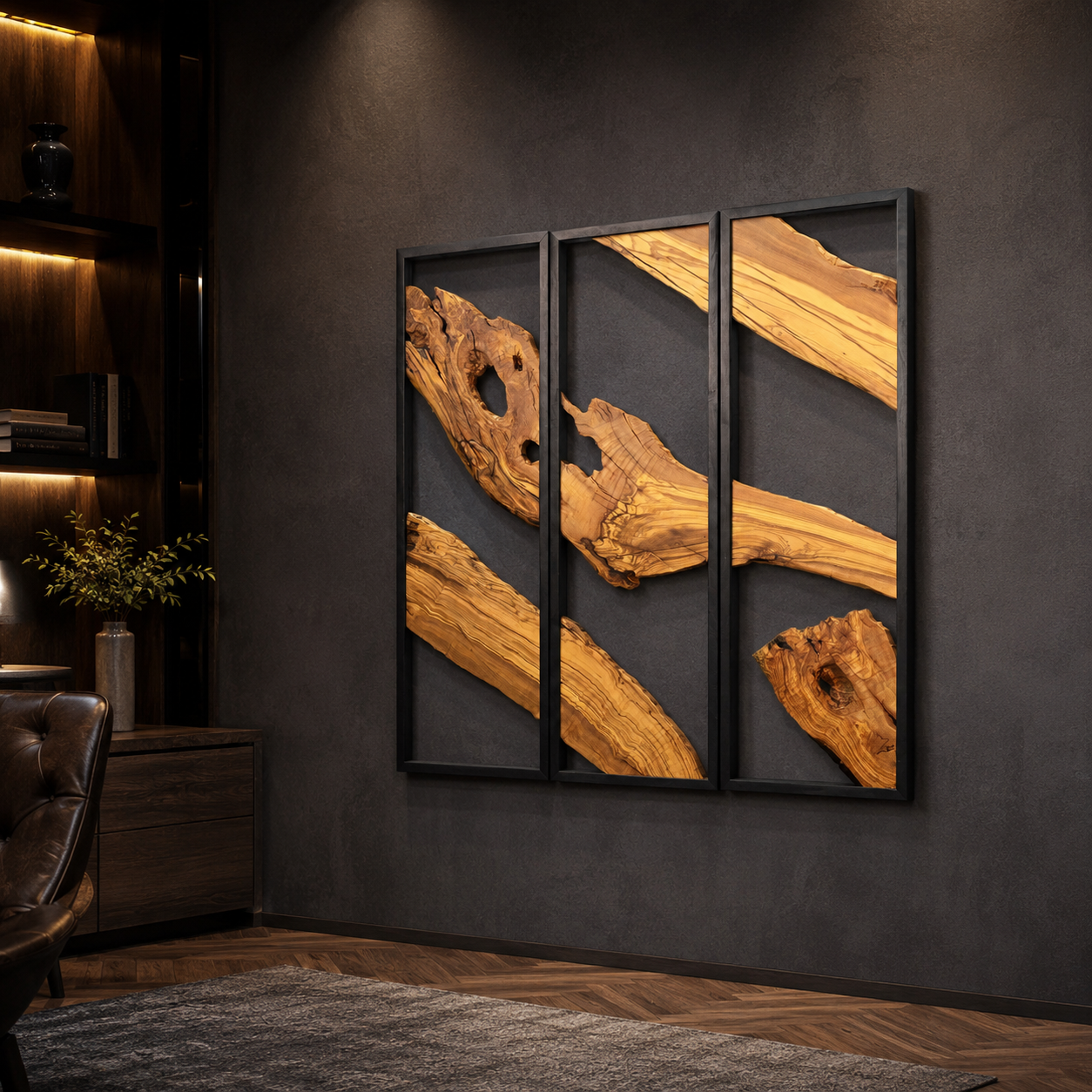3 Panel Driftwood Wall Art β Natural Wood Triptych in Black Metal Frame