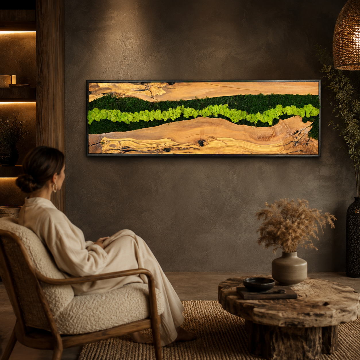 Vertical Moss Wall Art — Tall Driftwood Panel with Preserved Moss