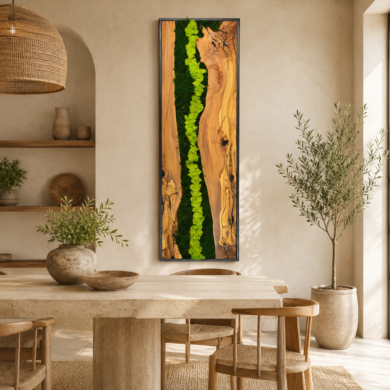 Vertical Moss Wall Art — Tall Driftwood Panel with Preserved Moss
