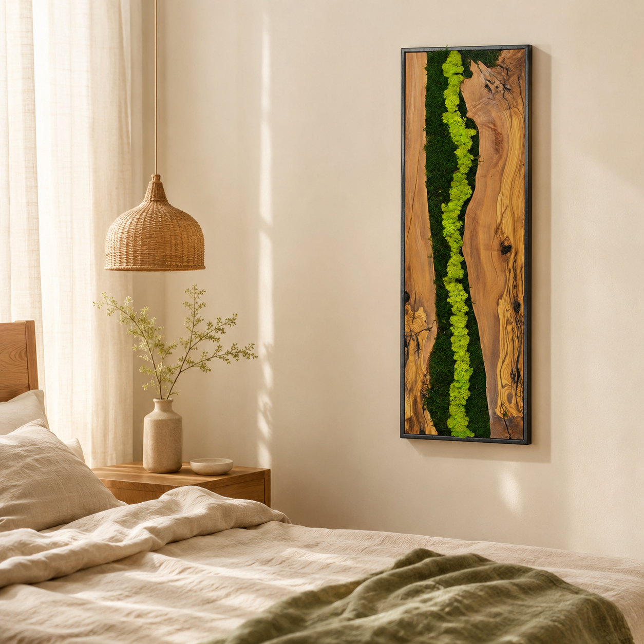 Vertical Moss Wall Art — Tall Driftwood Panel with Preserved Moss