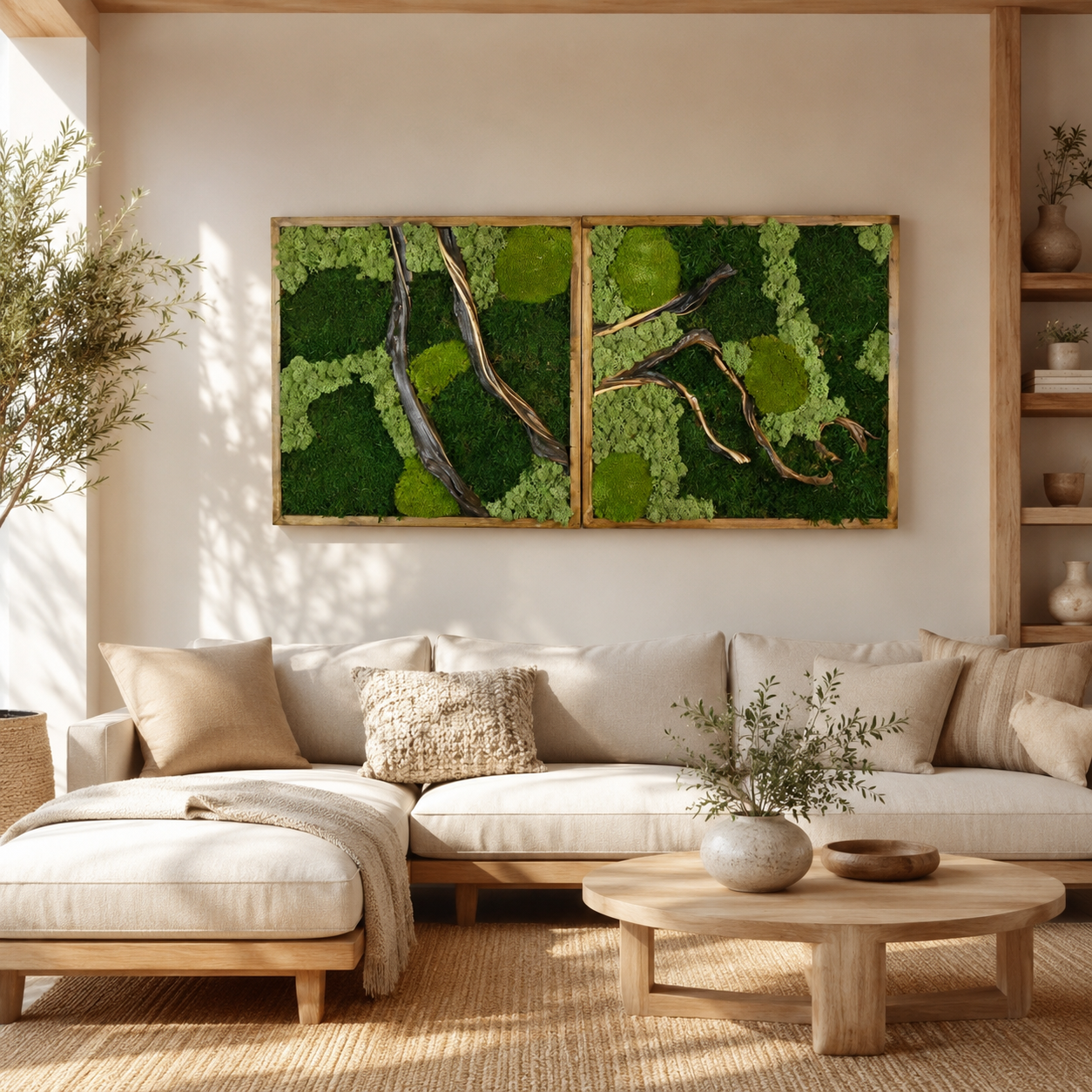 2 Panel Moss Wall Art — Preserved Moss & Driftwood Diptych in Natural Wood Frame