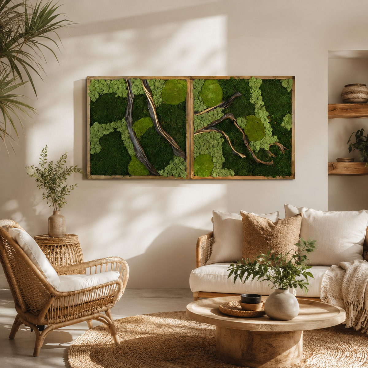 2 Panel Moss Wall Art — Preserved Moss & Driftwood Diptych in Natural Wood Frame
