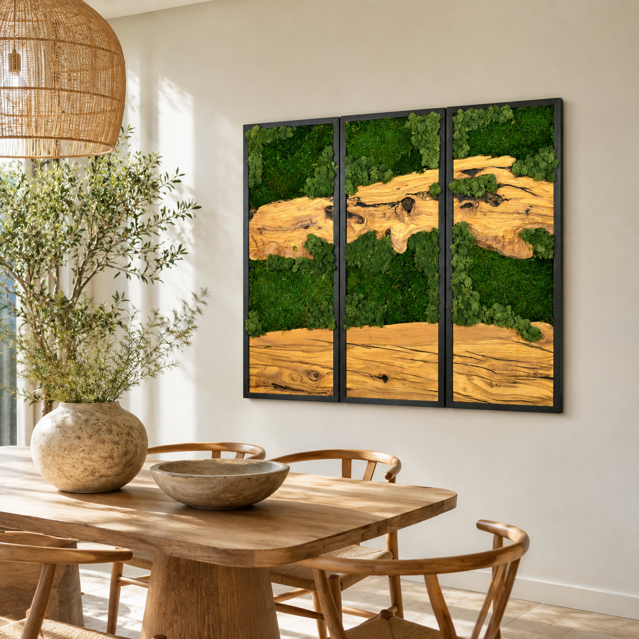 3 Panel Moss & Driftwood Wall Art β Framed Triptych for Living Room