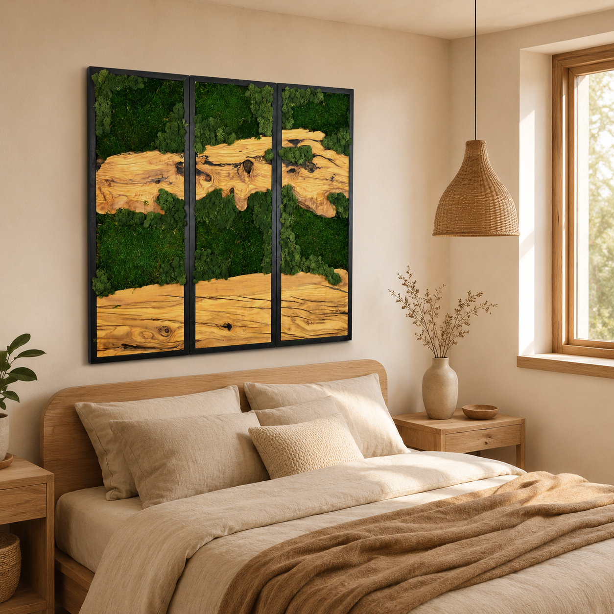 3 Panel Moss & Driftwood Wall Art β Framed Triptych for Living Room