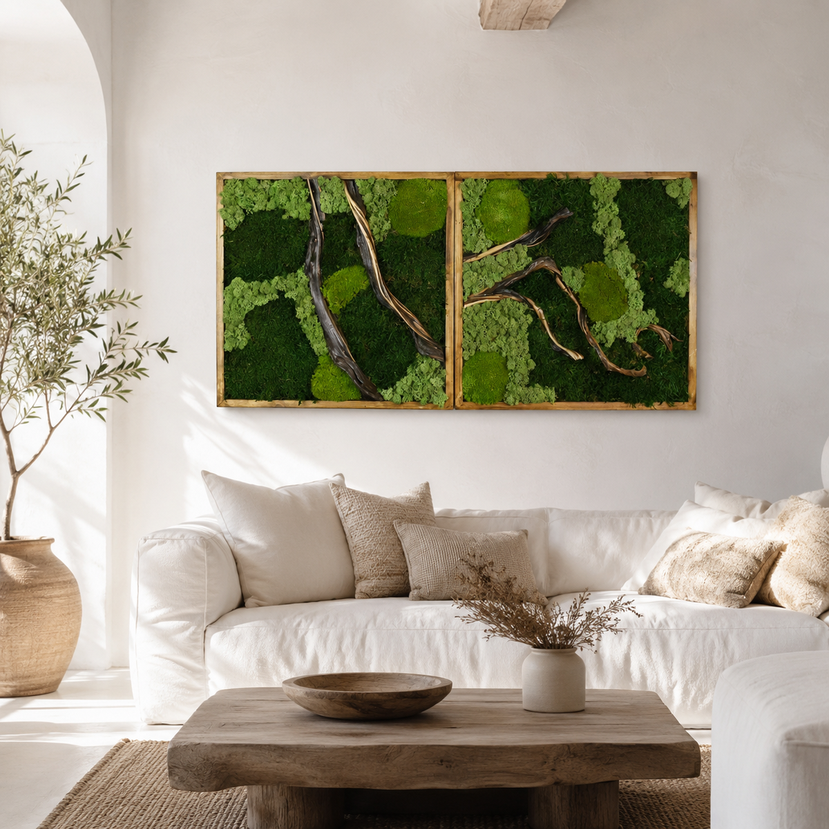 2 Panel Moss Wall Art — Preserved Moss & Driftwood Diptych in Natural Wood Frame