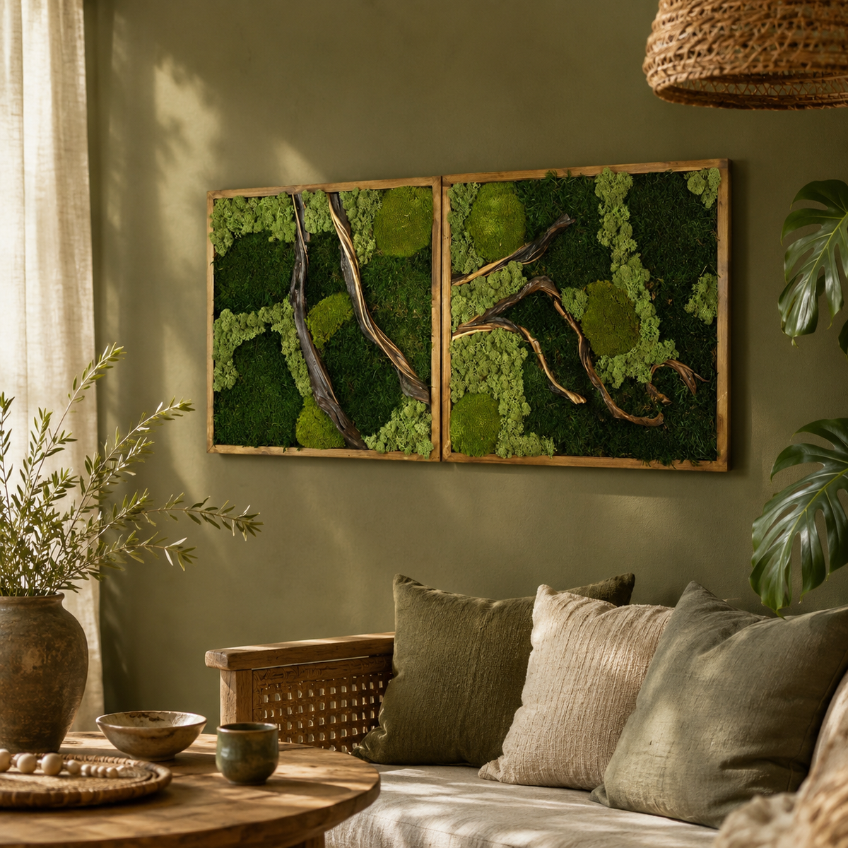2 Panel Moss Wall Art — Preserved Moss & Driftwood Diptych in Natural Wood Frame