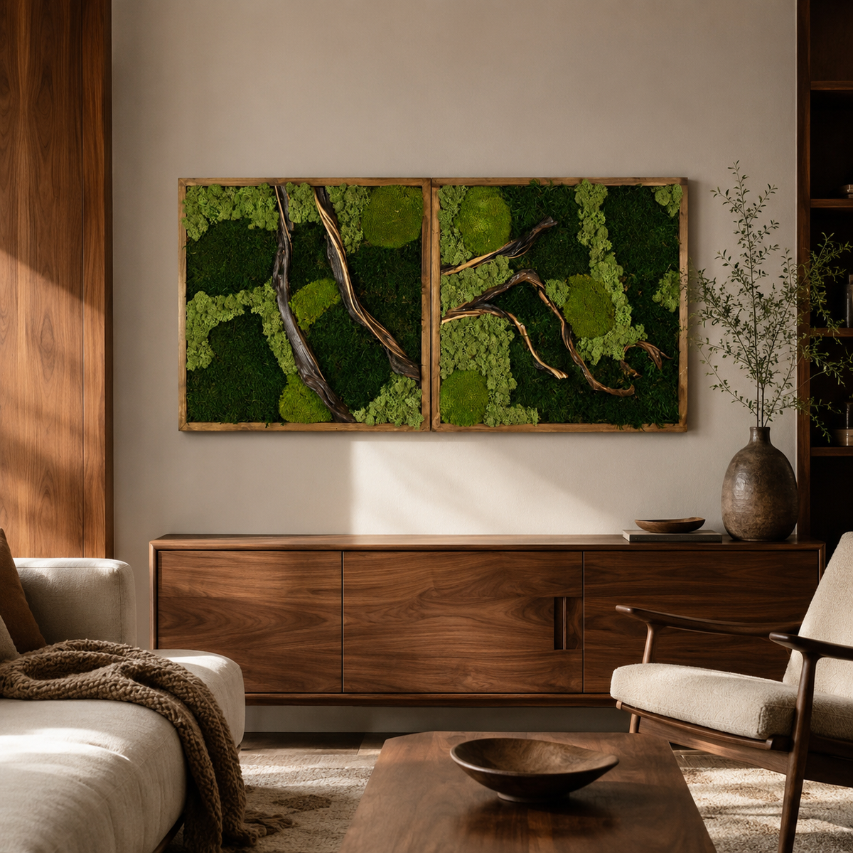 2 Panel Moss Wall Art — Preserved Moss & Driftwood Diptych in Natural Wood Frame