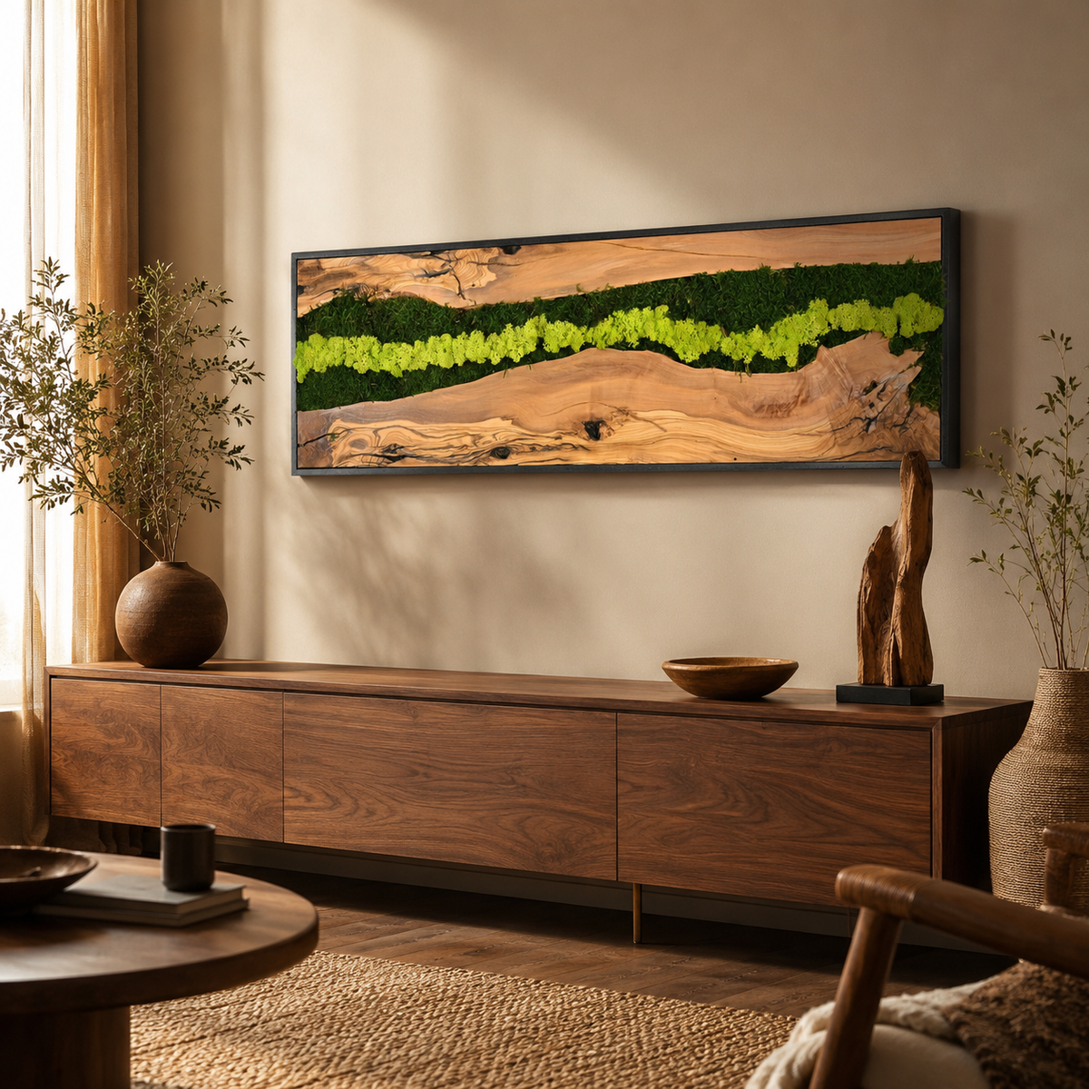 Vertical Moss Wall Art — Tall Driftwood Panel with Preserved Moss