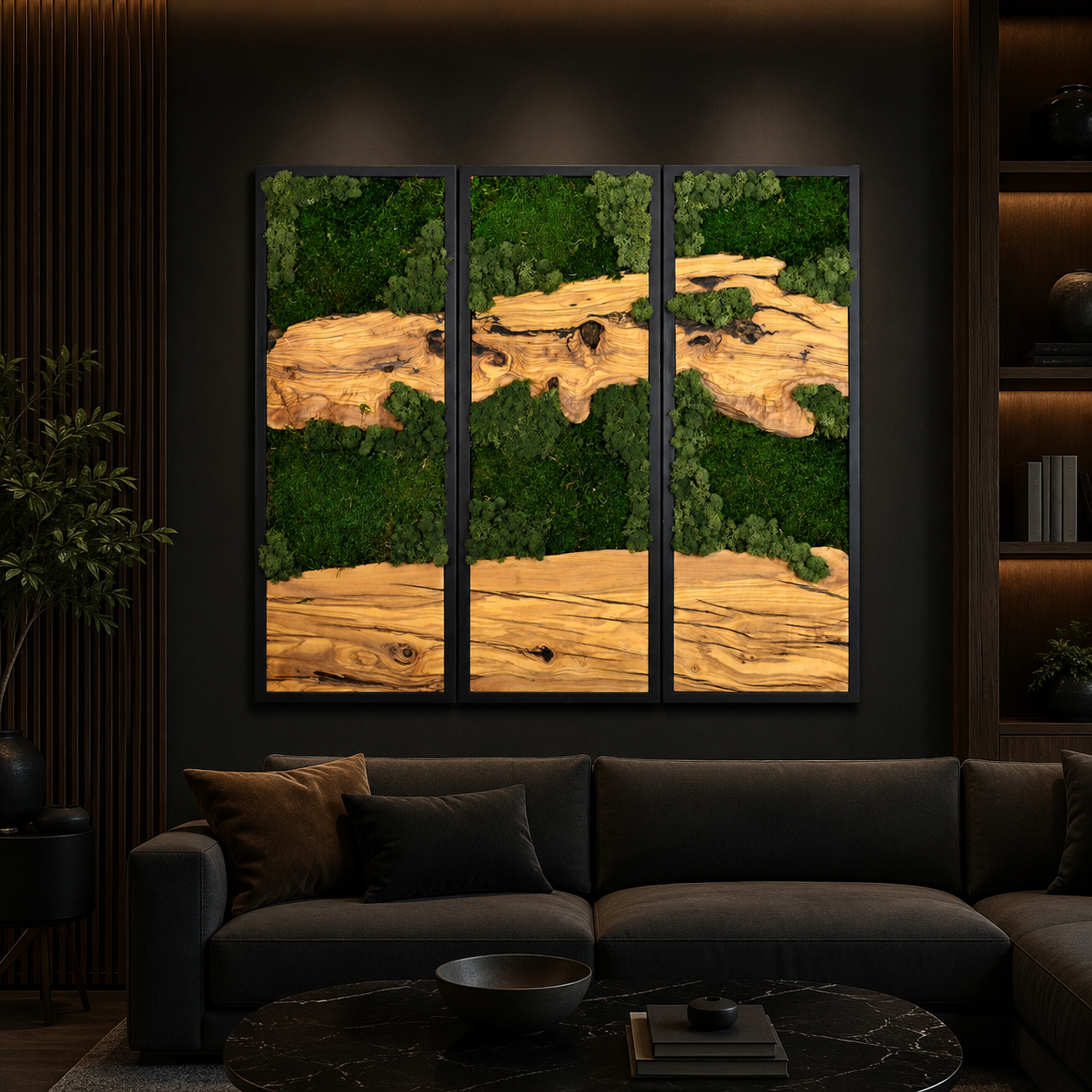 3 Panel Moss & Driftwood Wall Art β Framed Triptych for Living Room