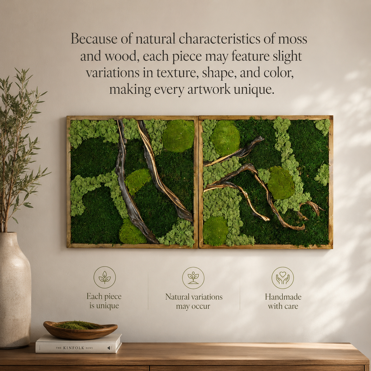 2 Panel Moss Wall Art — Preserved Moss & Driftwood Diptych in Natural Wood Frame