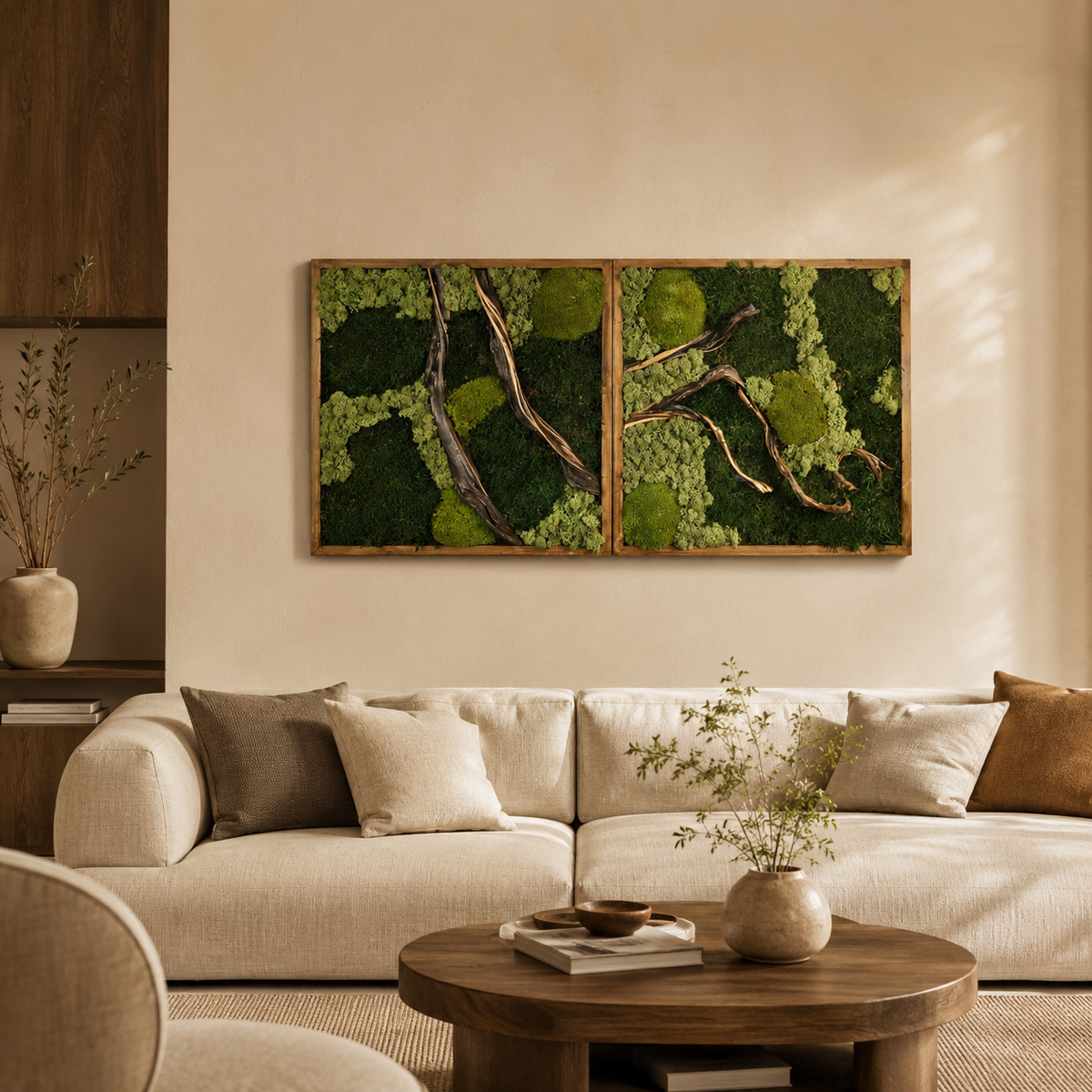 2 Panel Moss Wall Art — Preserved Moss & Driftwood Diptych in Natural Wood Frame