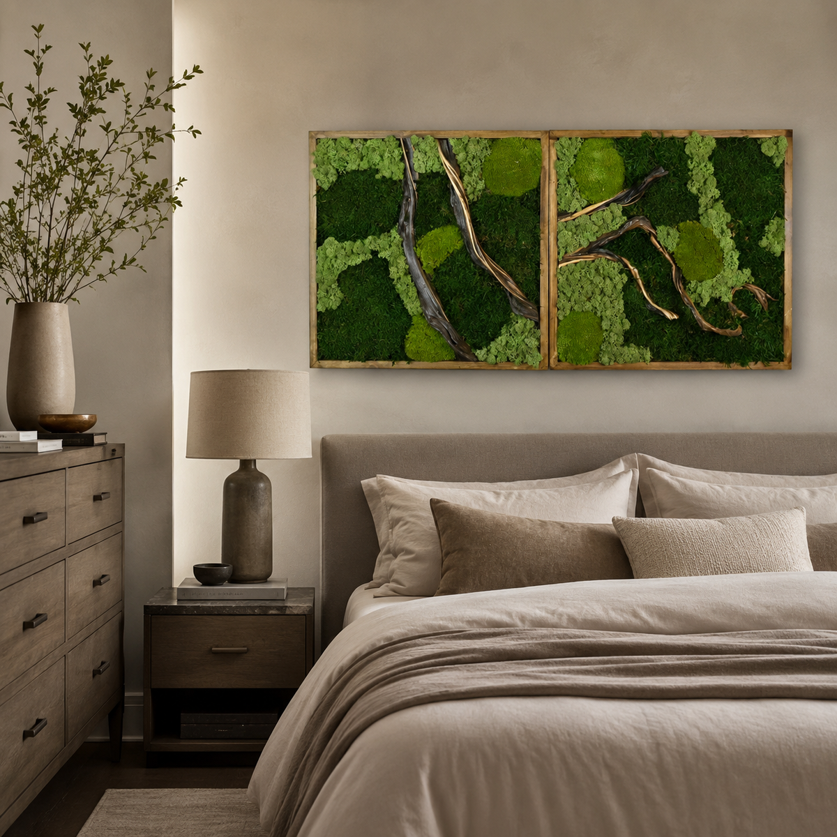 2 Panel Moss Wall Art — Preserved Moss & Driftwood Diptych in Natural Wood Frame