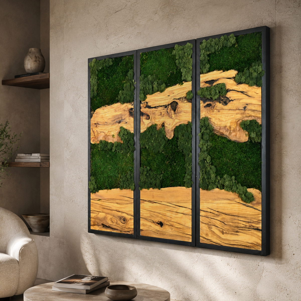3 Panel Moss & Driftwood Wall Art β Framed Triptych for Living Room