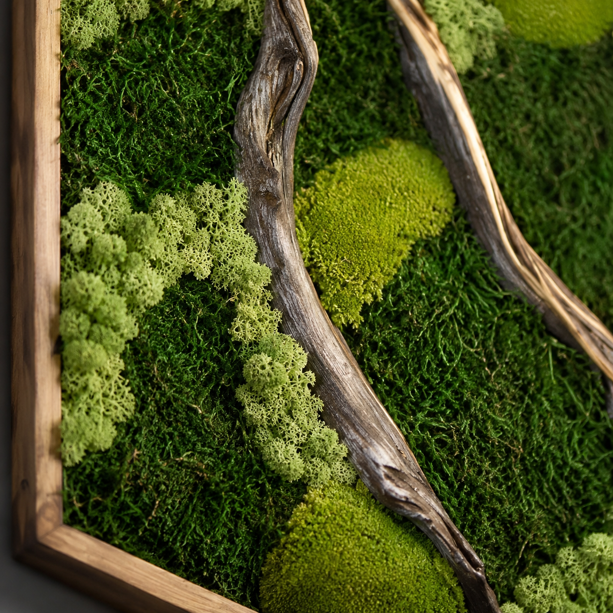 2 Panel Moss Wall Art — Preserved Moss & Driftwood Diptych in Natural Wood Frame
