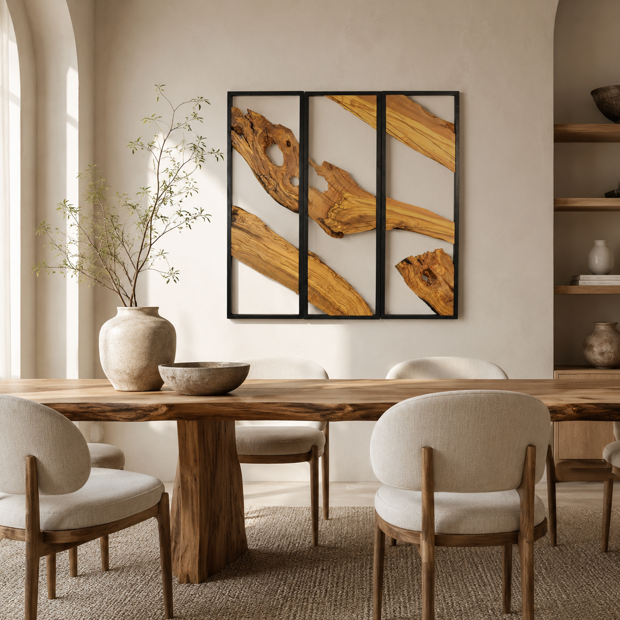 3 Panel Driftwood Wall Art β Natural Wood Triptych in Black Metal Frame