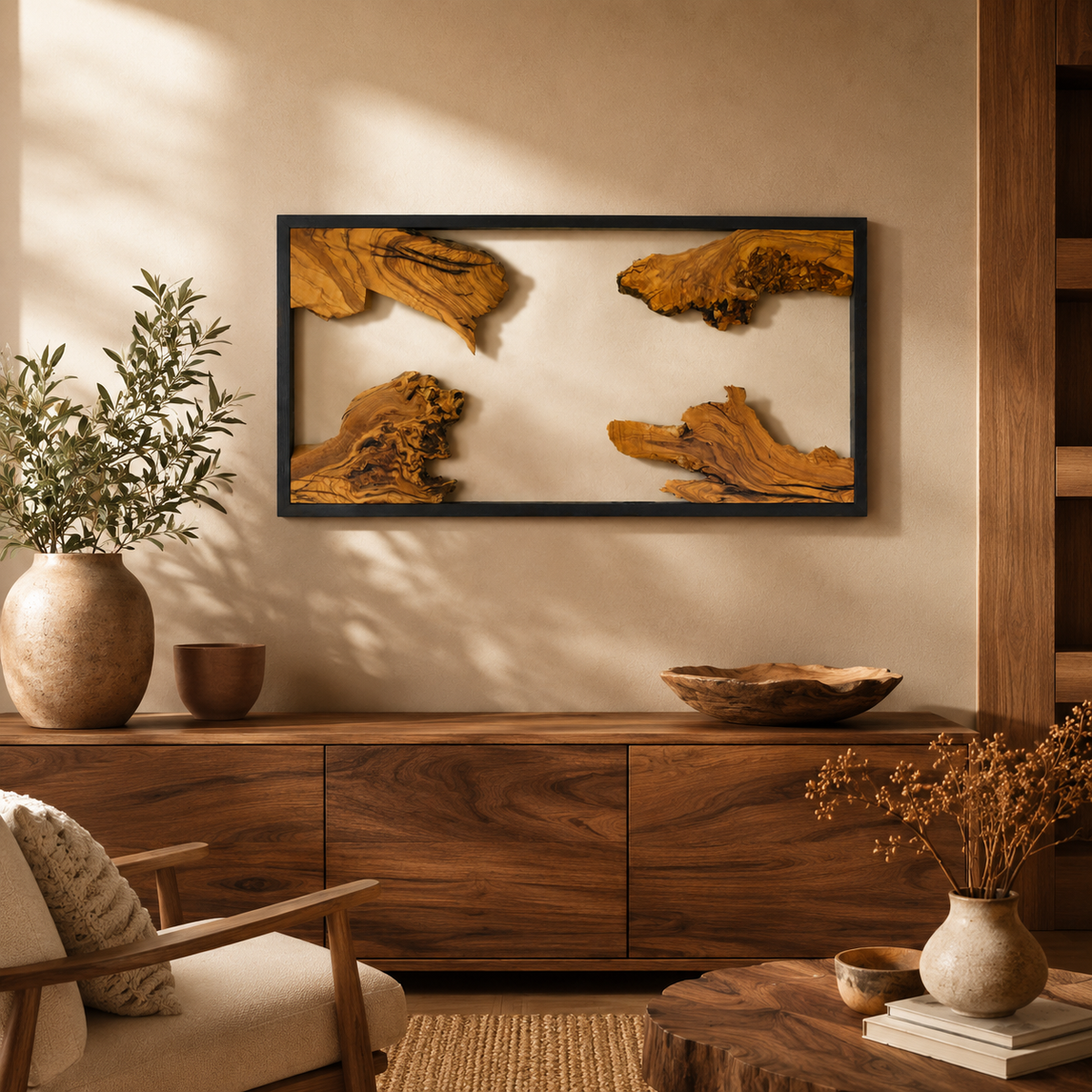 Driftwood Wall Art — Framed Natural Wood Panel for Living Room & Office