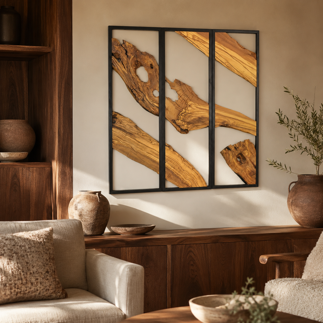 3 Panel Driftwood Wall Art β Natural Wood Triptych in Black Metal Frame