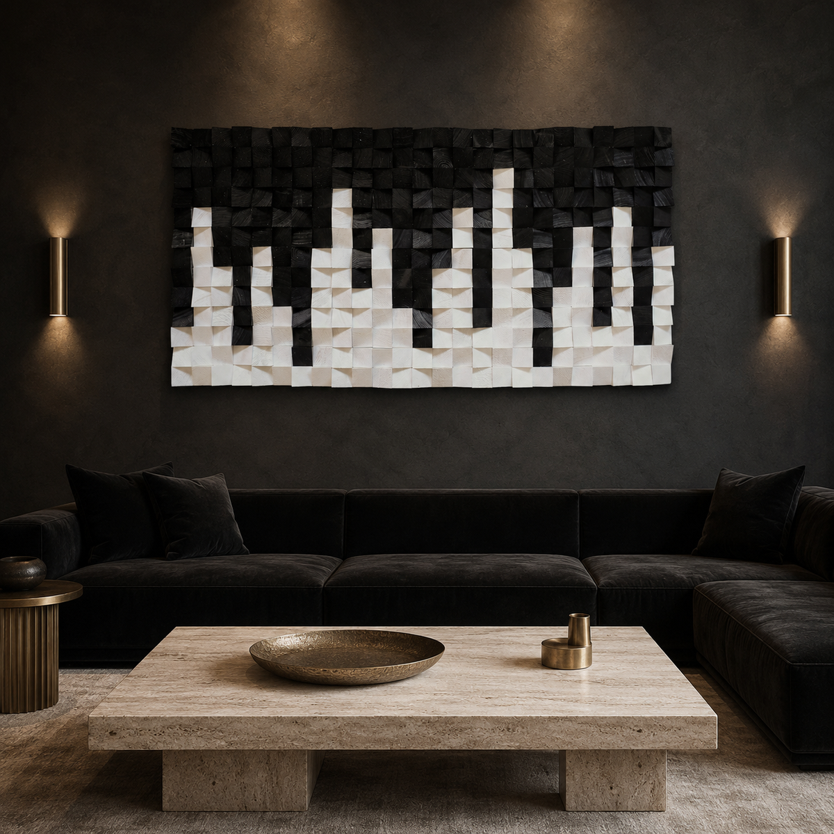 City Black & White 3D Wood Mosaic Wall Art | Handmade Monochrome Skyline Panel for Modern Interiors