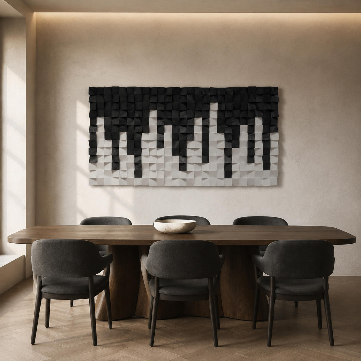 City Black & White 3D Wood Mosaic Wall Art | Handmade Monochrome Skyline Panel for Modern Interiors