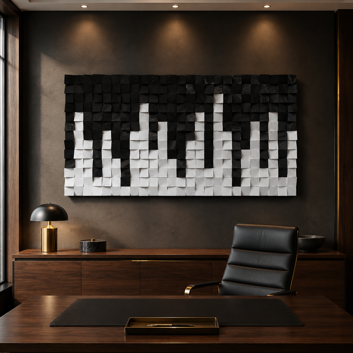 City Black & White 3D Wood Mosaic Wall Art | Handmade Monochrome Skyline Panel for Modern Interiors