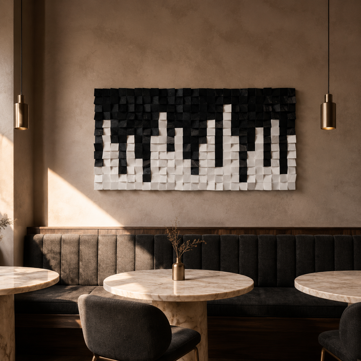 City Black & White 3D Wood Mosaic Wall Art | Handmade Monochrome Skyline Panel for Modern Interiors