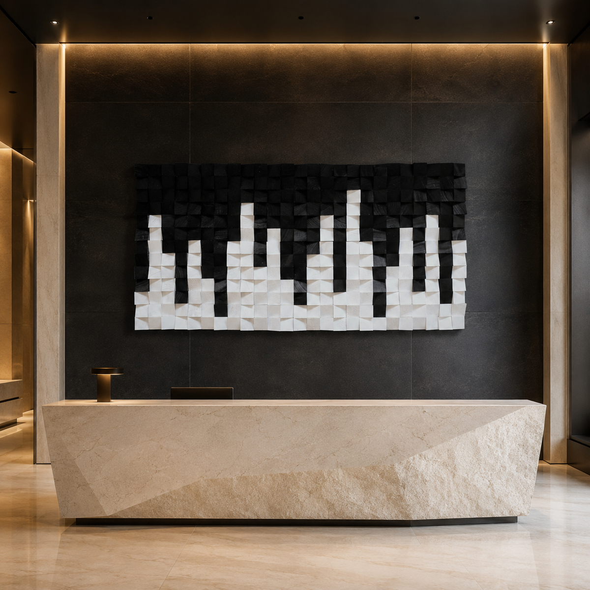 City Black & White 3D Wood Mosaic Wall Art | Handmade Monochrome Skyline Panel for Modern Interiors