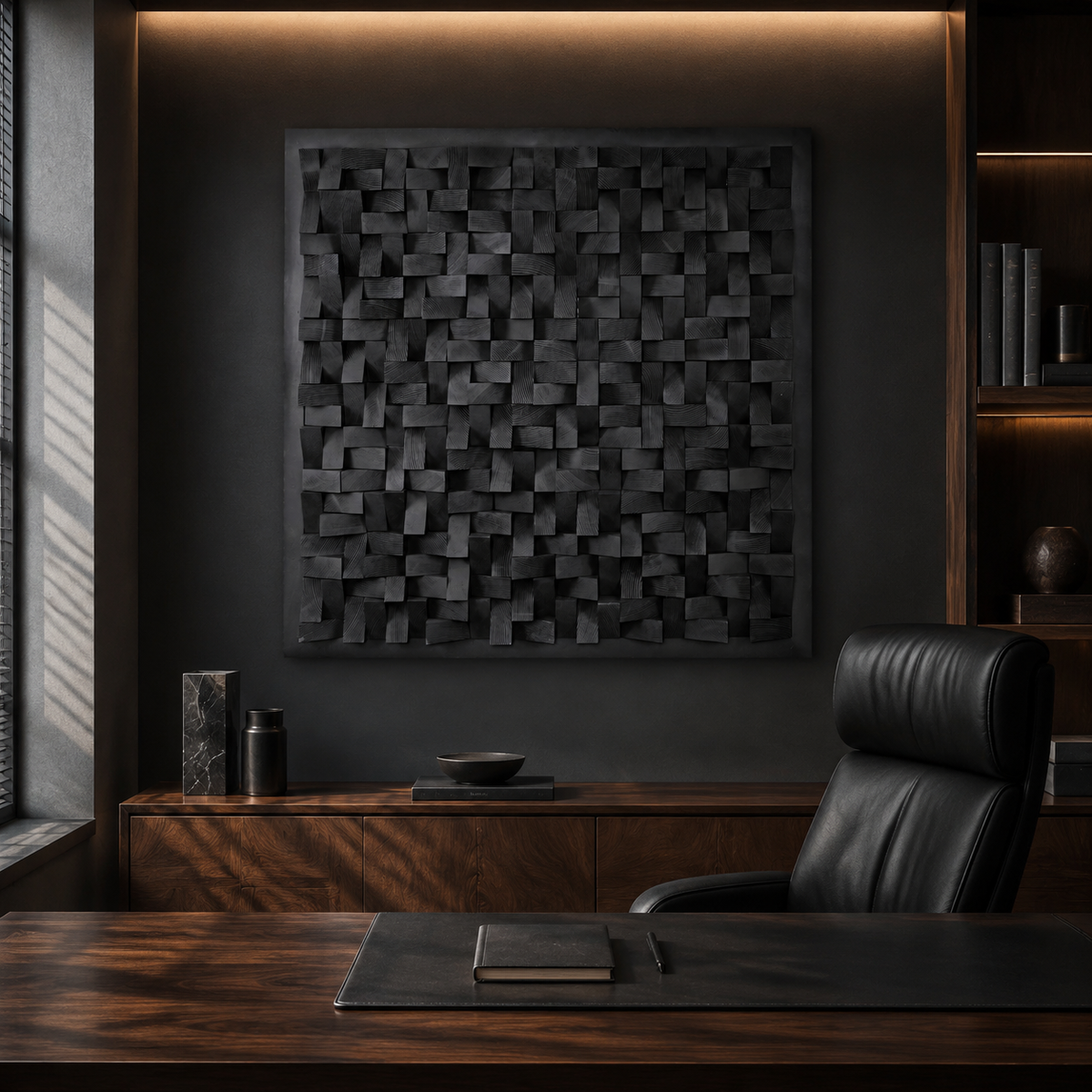 Cosmos Black 3D Wood Mosaic Wall Art | Handmade Charred Wood Acoustic Panel for Modern Interiors