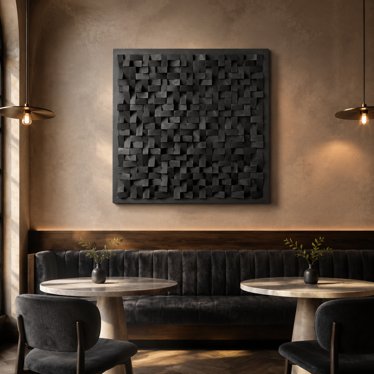 Cosmos Black 3D Wood Mosaic Wall Art | Handmade Charred Wood Acoustic Panel for Modern Interiors
