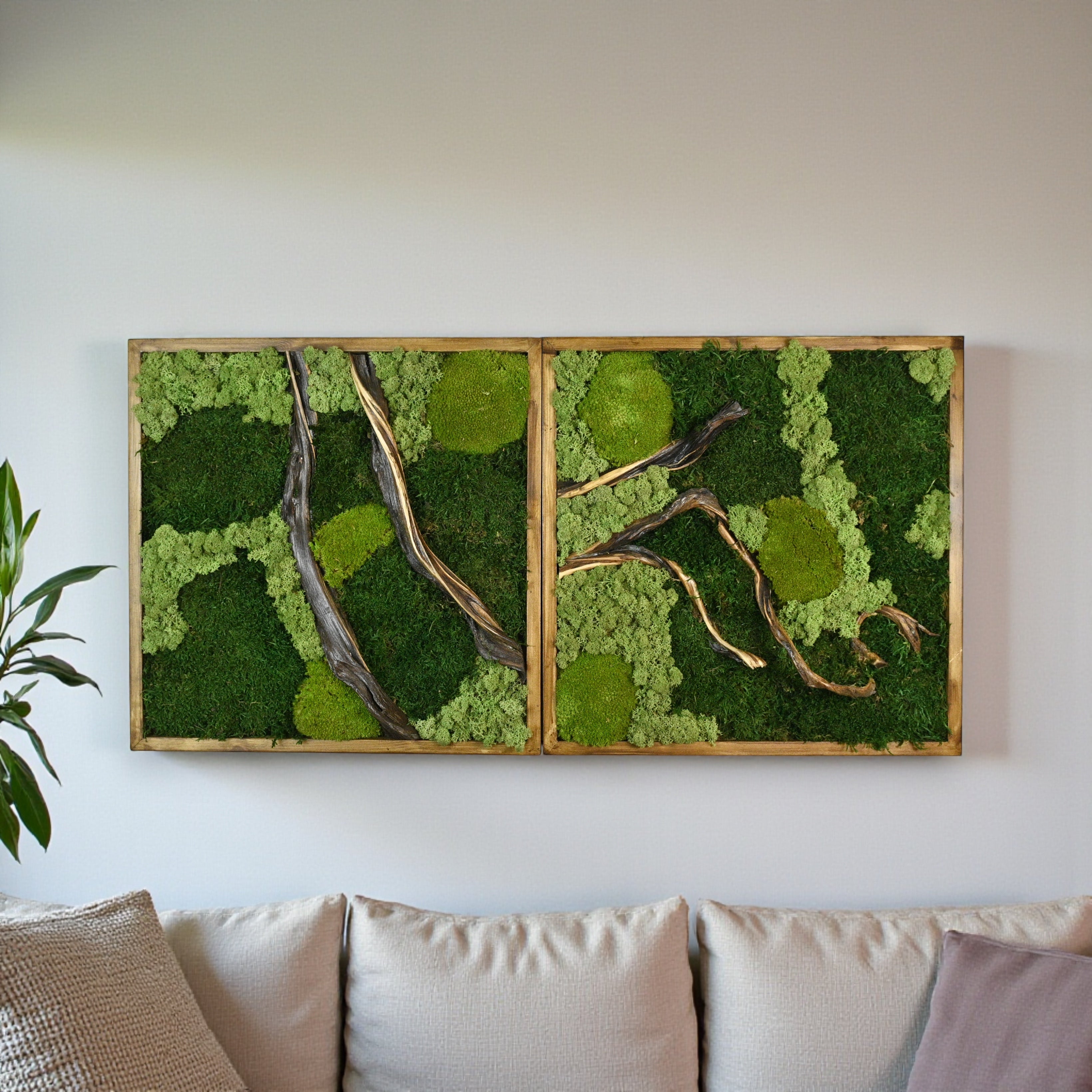 2 Panel Moss Wall Art — Preserved Moss & Driftwood Diptych in Natural Wood Frame