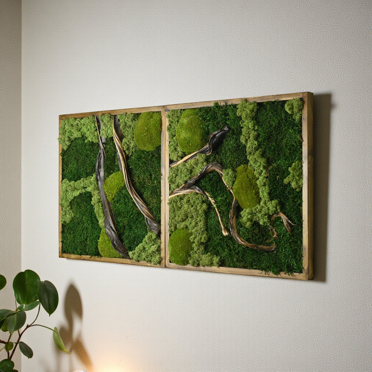 2 Panel Moss Wall Art — Preserved Moss & Driftwood Diptych in Natural Wood Frame