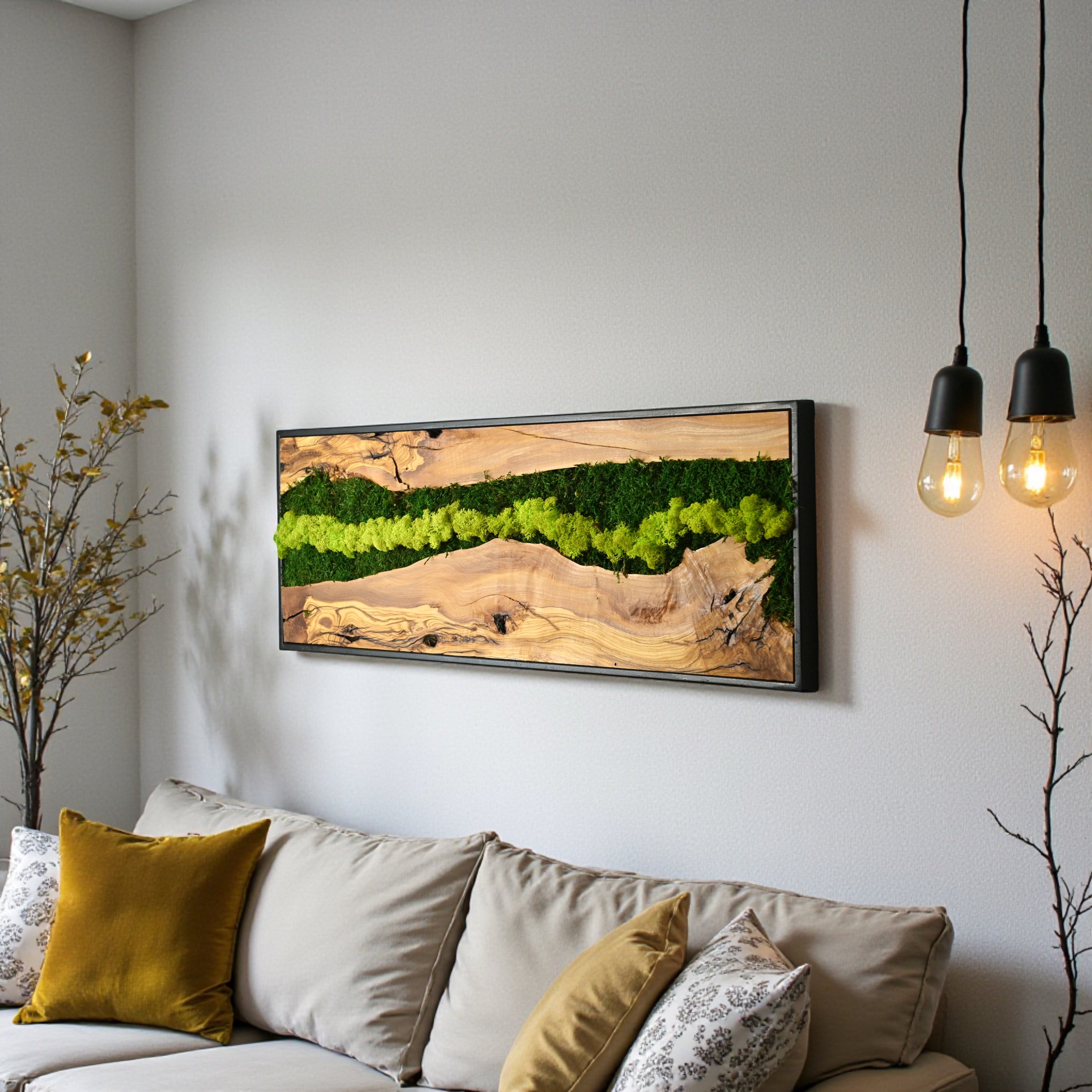 Vertical Moss Wall Art — Tall Driftwood Panel with Preserved Moss
