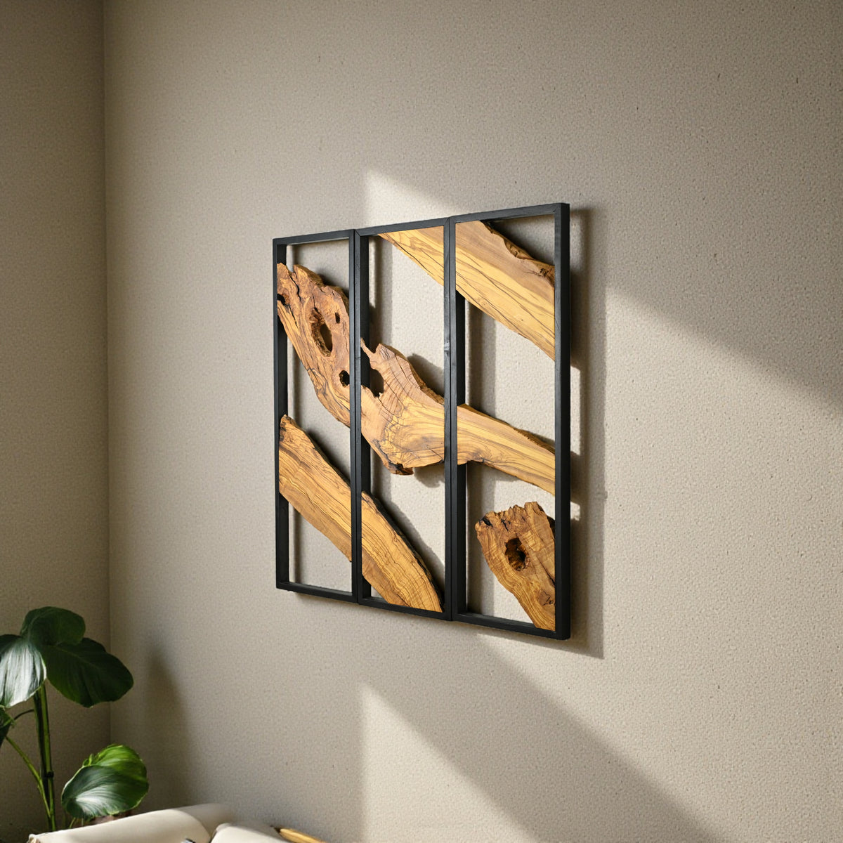 3 Panel Driftwood Wall Art — Natural Wood Triptych in Black Metal Frame