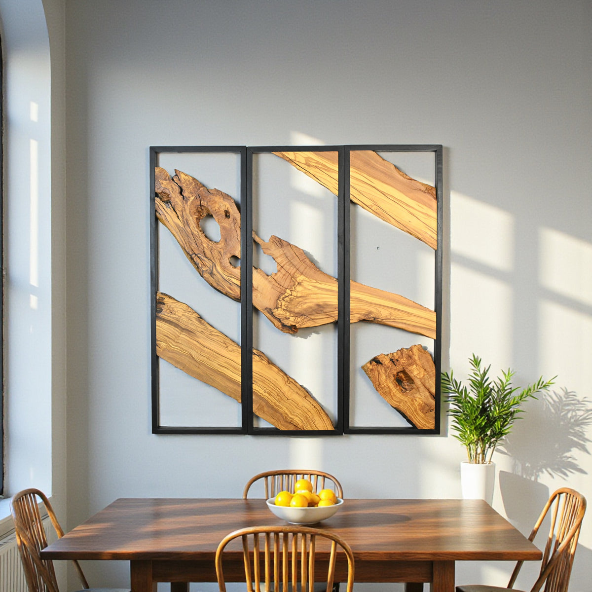 3 Panel Driftwood Wall Art — Natural Wood Triptych in Black Metal Frame