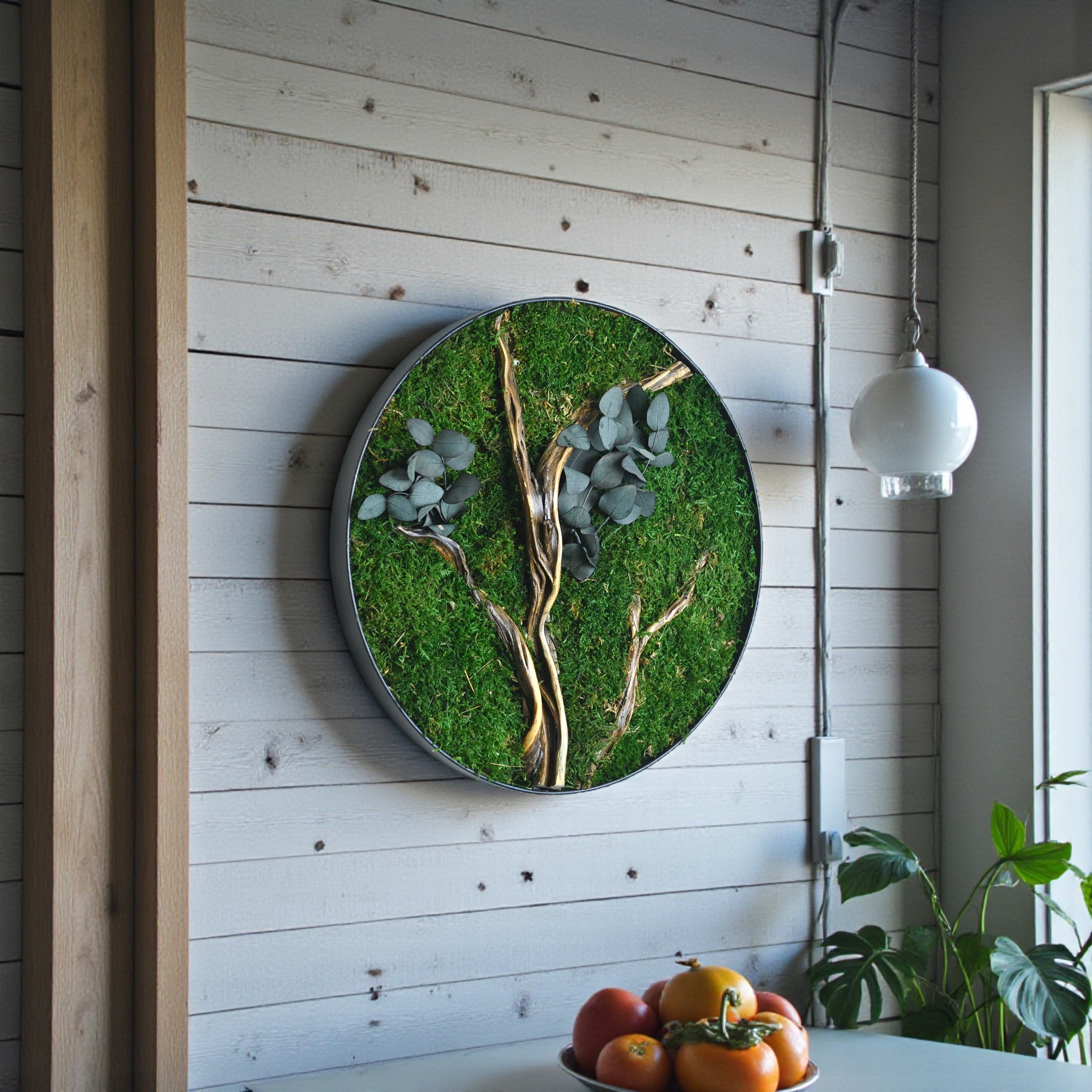 Round Moss Wall Art — Preserved Moss & Driftwood Circle Panel, Black Frame