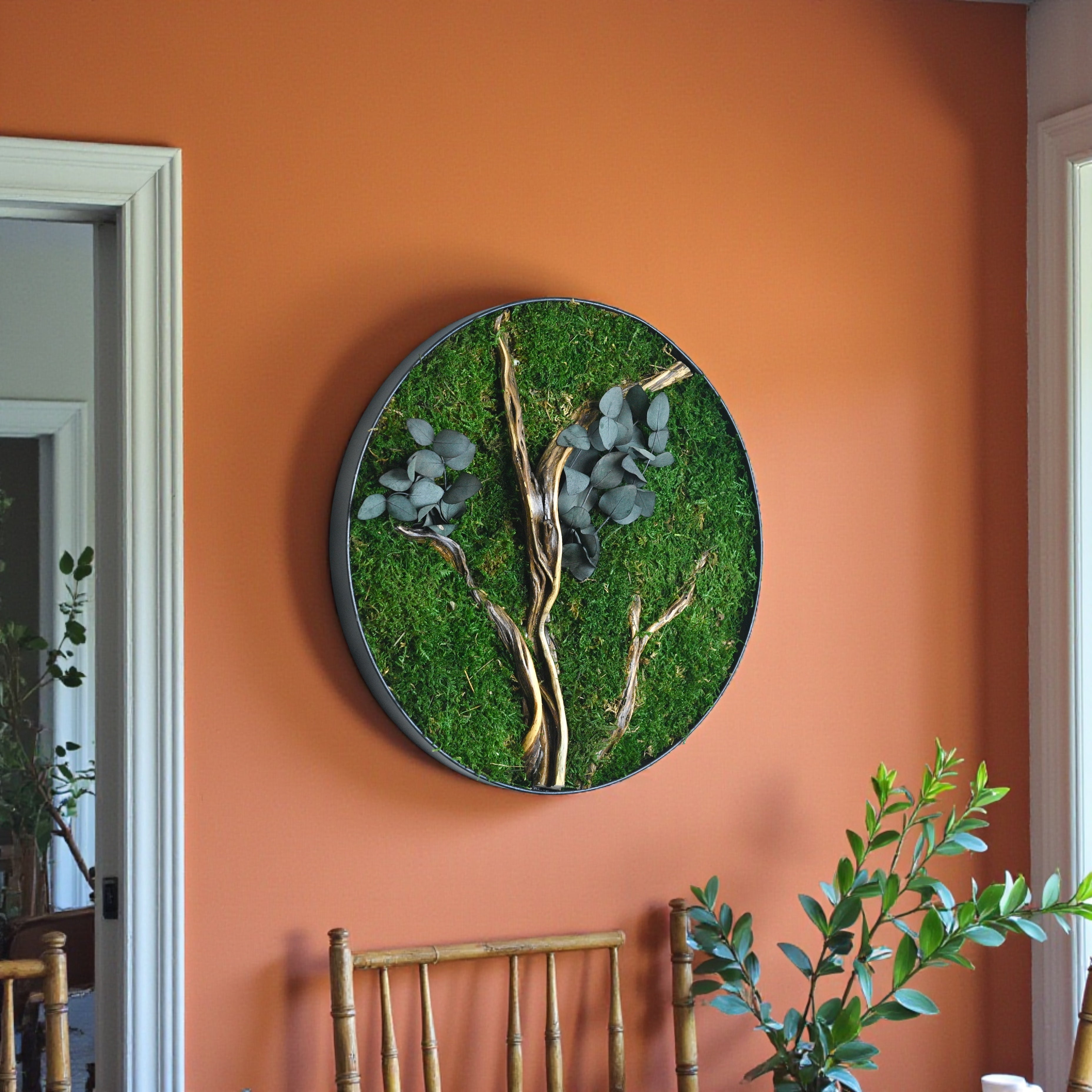 Round Moss Wall Art — Preserved Moss & Driftwood Circle Panel, Black Frame