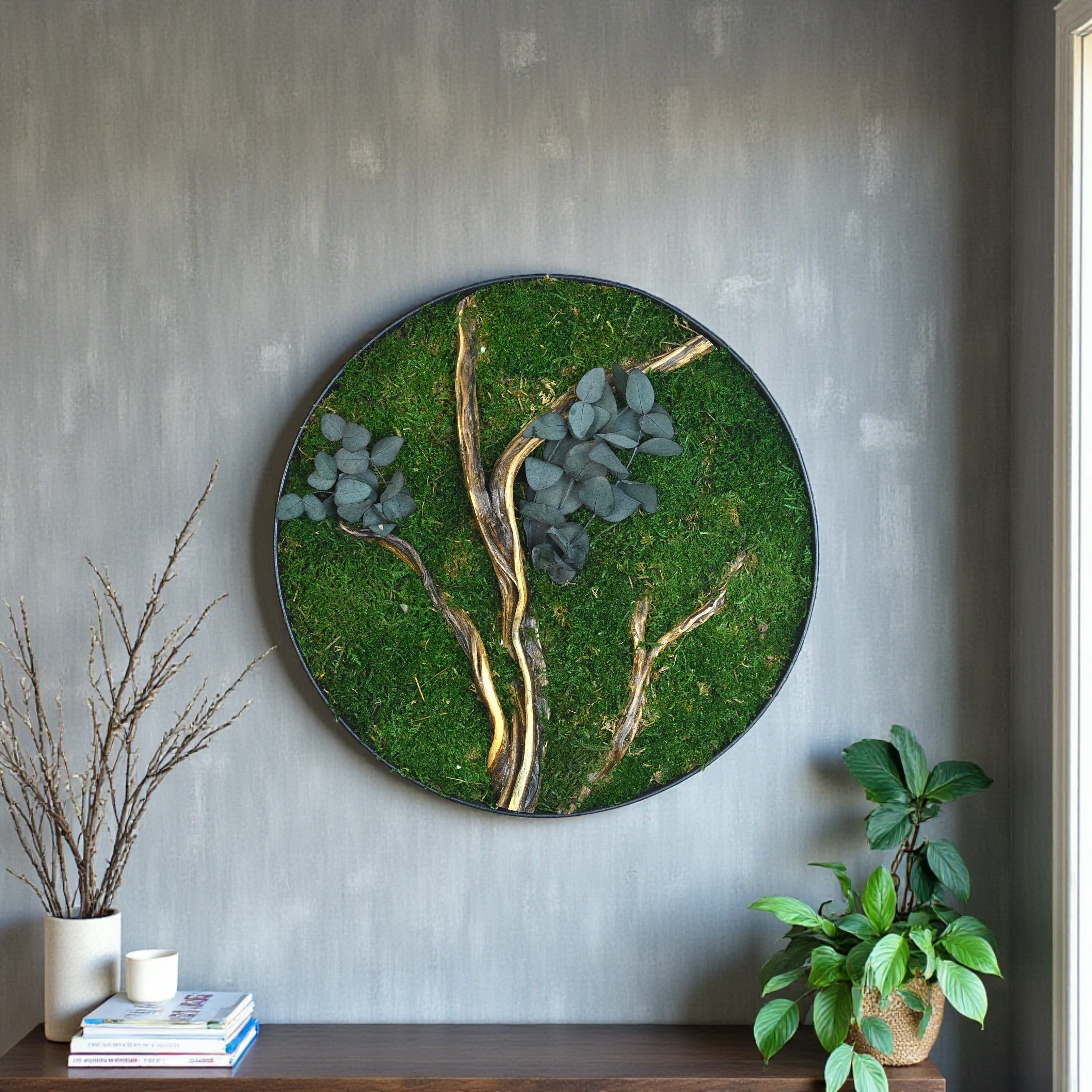 Round Moss Wall Art — Preserved Moss & Driftwood Circle Panel, Black Frame