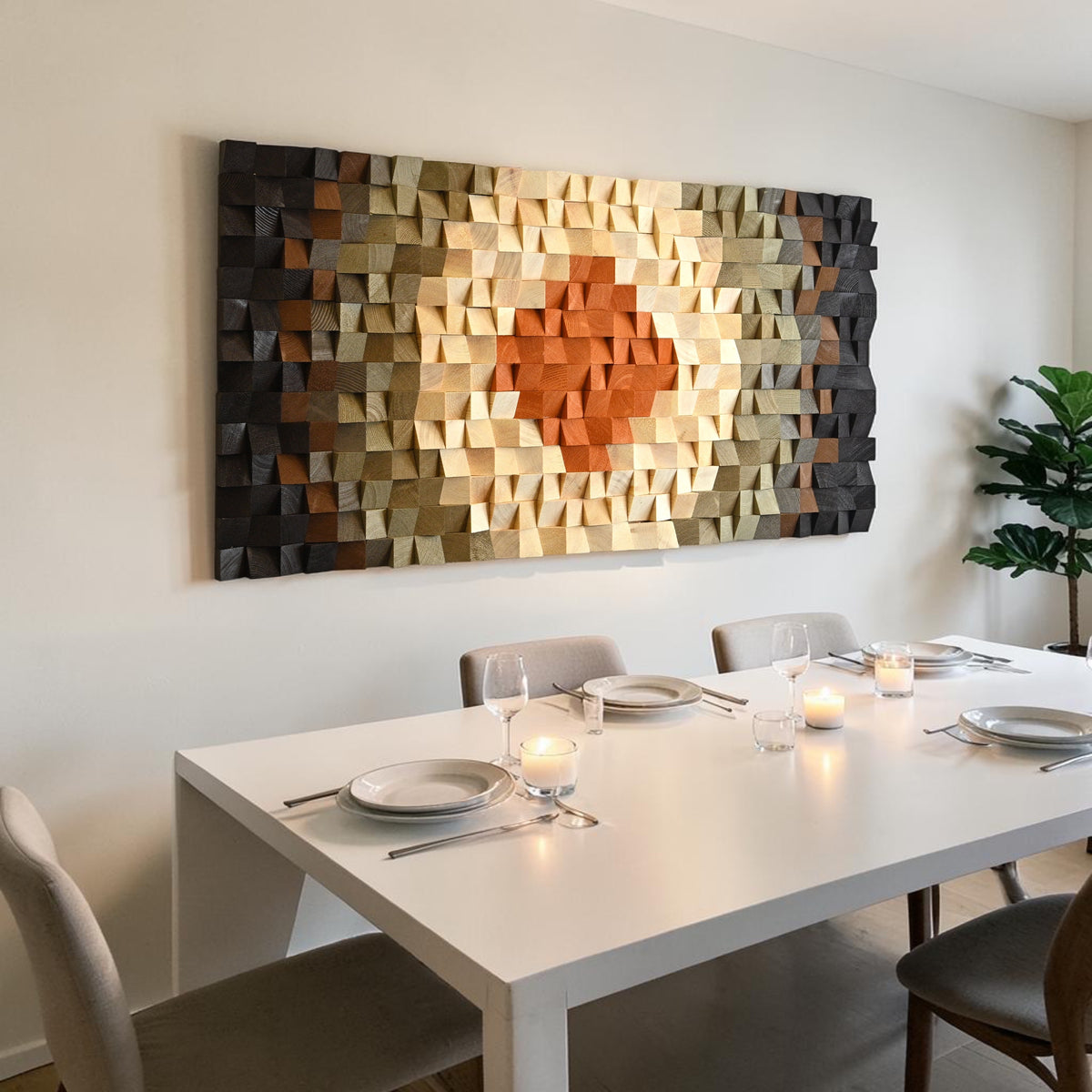 3D Wood Mosaic Wall Art — Geometric Reclaimed Wood Statement Panel